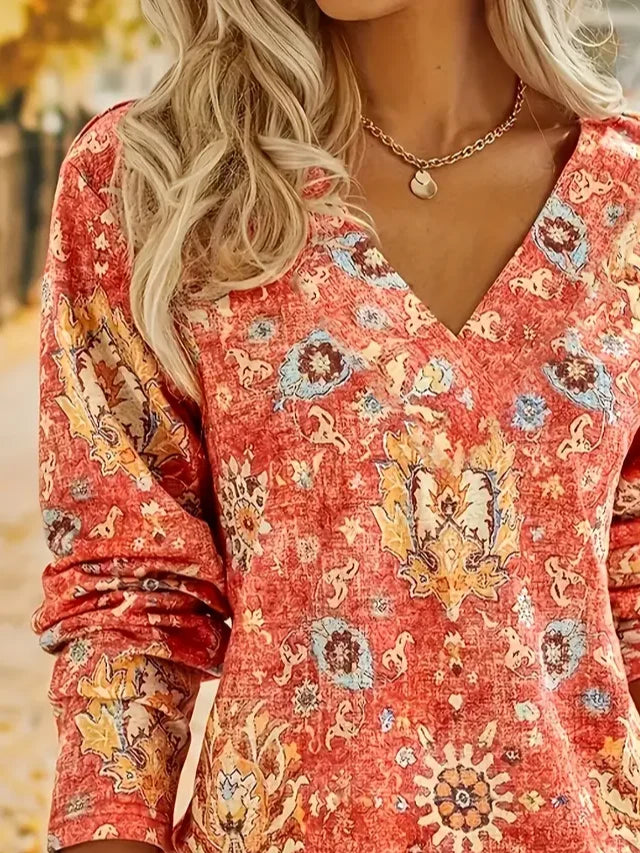 Women's Long Sleeve T-shirt Spring/Fall Orange Ethnic Printing Jersey V Neck Daily Going Out Casual Top