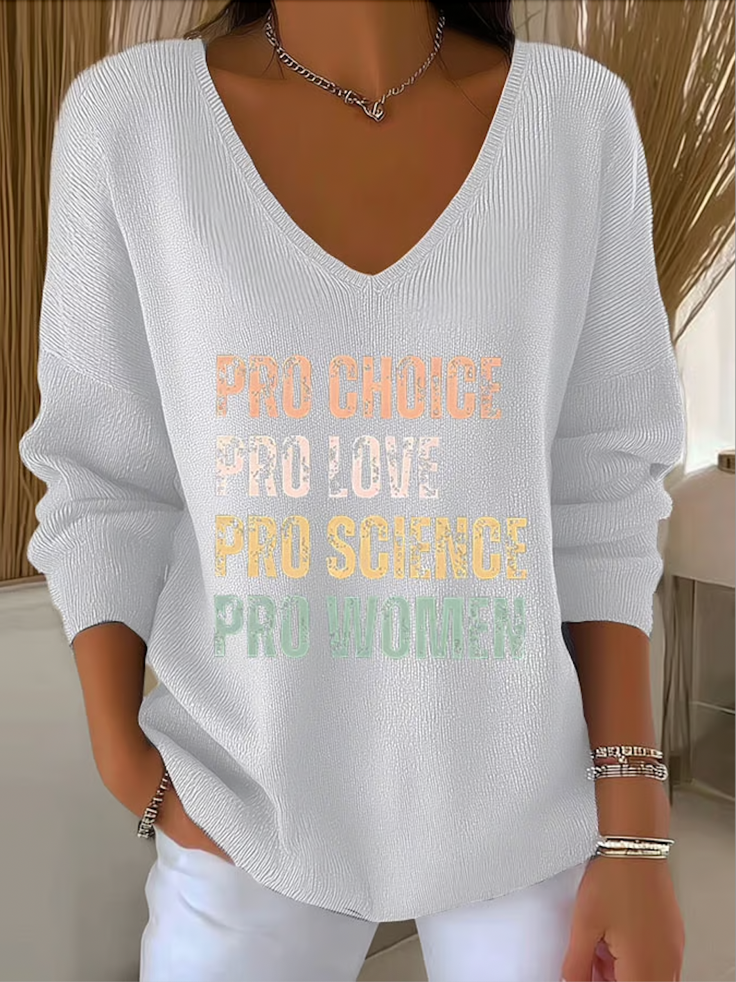 Casual Cotton V Neck Text Letters Sweater