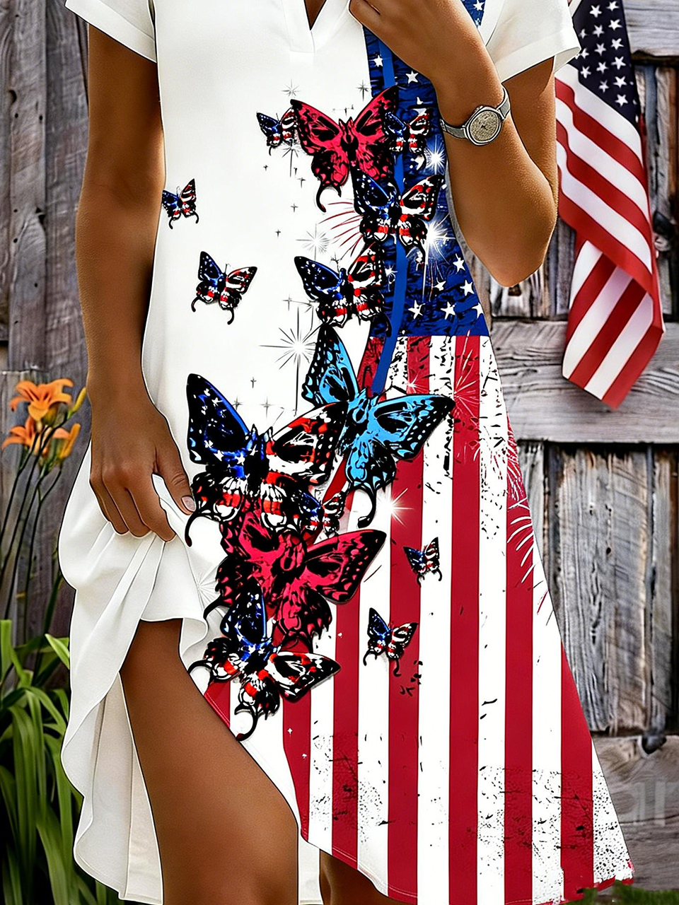 Shawl Collar Casual Independence Day Shirt Dress With No