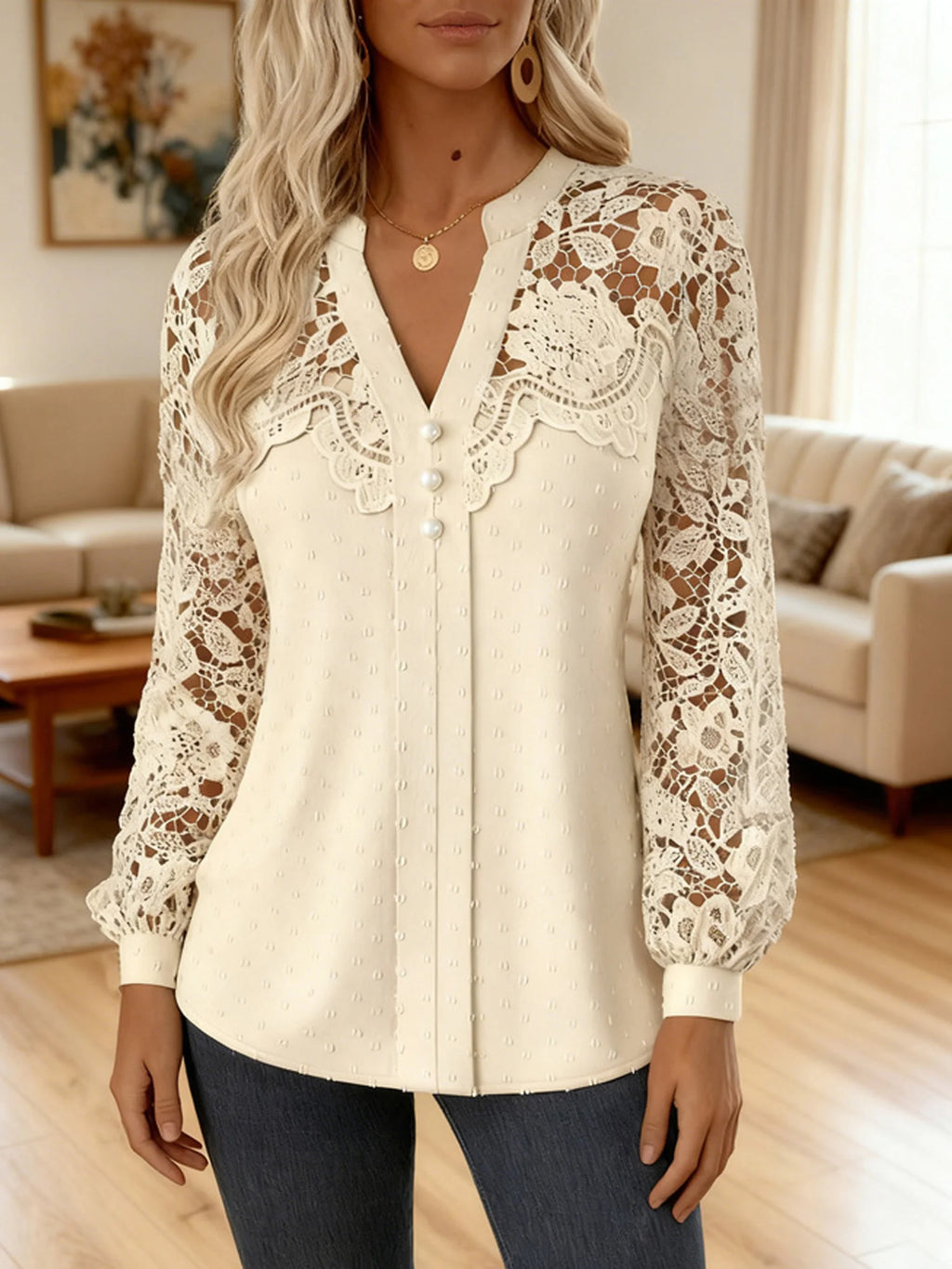 Regular Fit A-Line Casual Lace Blouse