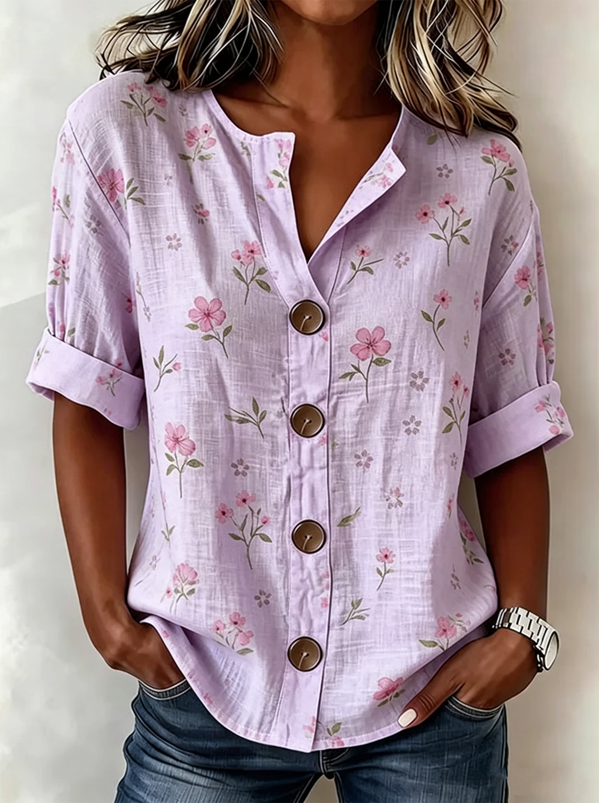 Women's Floral Print Linen Blend V-Neck Button Front Rolled Sleeve Blouse