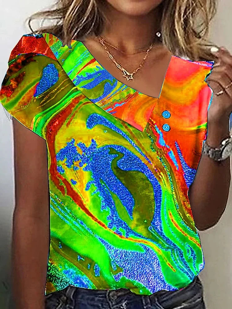 Women's Short Sleeve T-shirt Summer Green Plain Buckle Asymmetrical Daily Going Out Casual Top