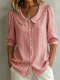 Women's Half Sleeve Shirt Summer Red Striped Printing Shawl Collar Daily Going Out Casual Top