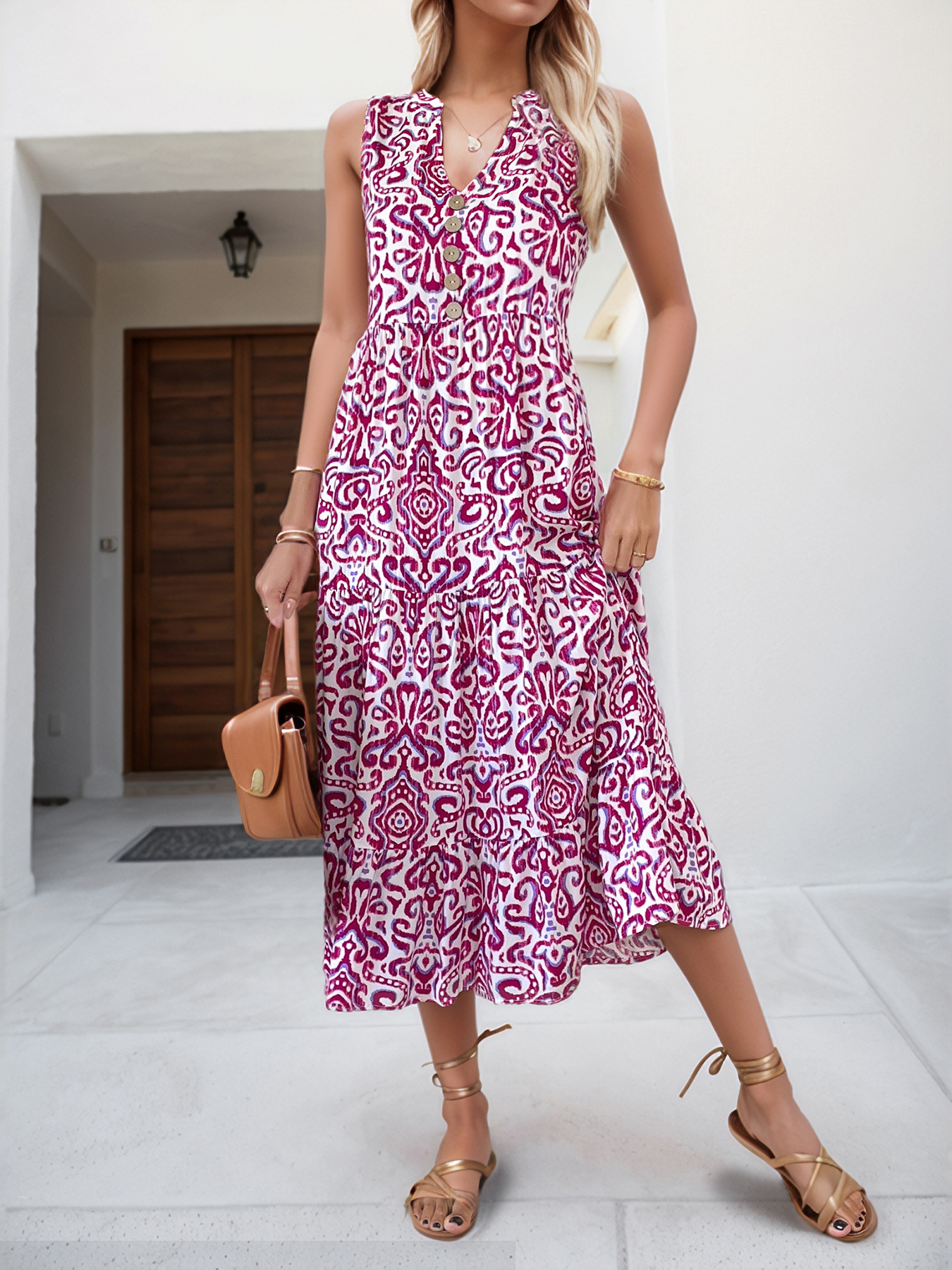 Elegant Ethnic Geometry V Neck Sleeveless Summer Vacation Going Out Elegant Maxi Dress