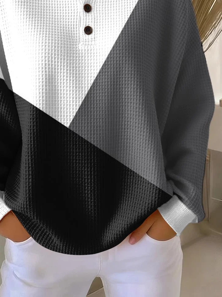 Women's Color Matching Print Button-Up Casual Waffle Knit Sweatshirt
