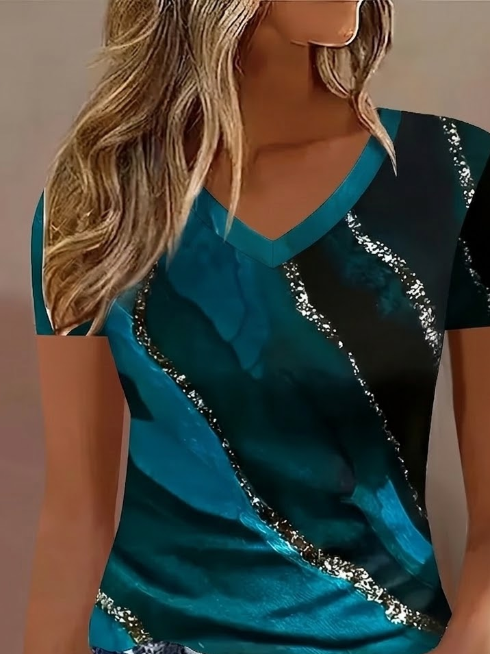 Women's Short Sleeve T-shirt Summer Blue Abstract Printing V Neck Holiday Going Out Vintage Top